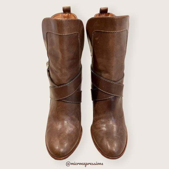 $369 Frye Andrea Mid Tan Brown Vintage Leather Harness Belted Western Ankle Boot - Picture 3 of 10